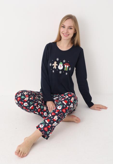 Pijama dama Craciun,maneca lunga si pantaloni lungi,imprimeu figurine festive, En-gros